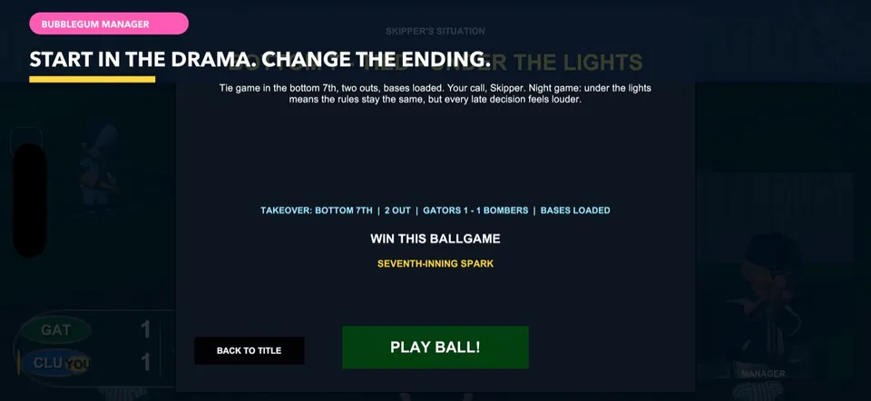 Bubblegum Manager — Late-inning drama start screen
