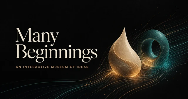 Many Beginnings — golden droplet and teal torus marks on a dark field of flowing light